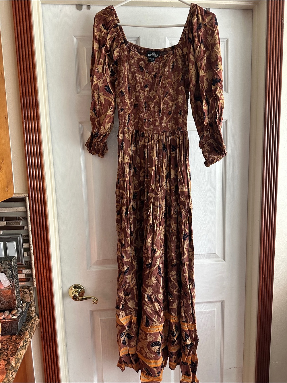 Angie Rust Floral Smocked Midi Dress with Puff Sleeves